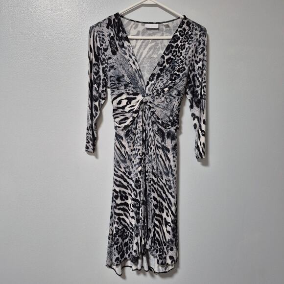 Vintage New York & Company Stretch Womens XS Black White Leopard V-Neck Dress - Picture 2 of 14